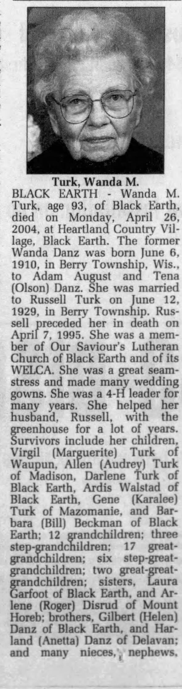 Obituary for Wanda M. Turk, 1910-2004 (Aged 93)
